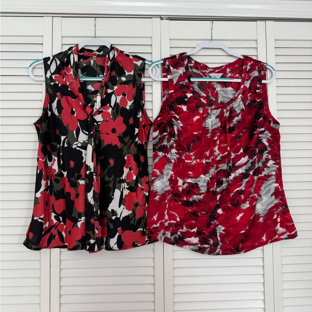 Set of Two Red Floral Sleeveless Flowy Blouses Summer Tops Sz L